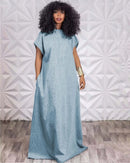 CM.YAYA Vintage Women Fashion Batwing Short Sleeve Denim V-back Loose Slim Maxi Long Dress 2023 High Street Vestido Jean Dresses - M & M Global