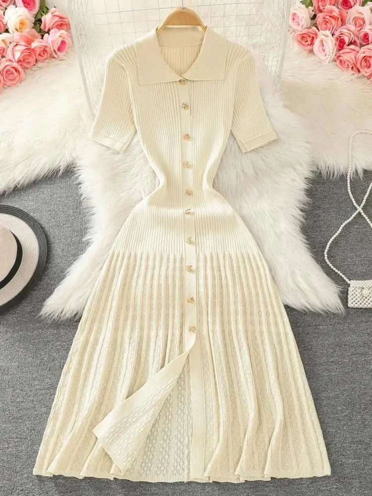 Summer 2024 New Women's Black Beige Single Breasted Knitted Long Dress Green Elegant Office Lady Short Sleeve Pleated Dress Chic - M & M Global