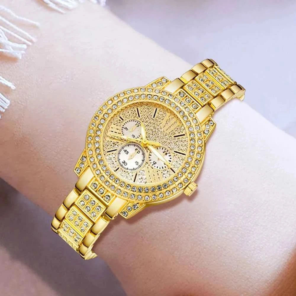 Women's Quartz Watch Gold Luxury Women Ring Necklace Earring Rhinestone Fashion Wristwatch Casual Ladies Watches Jewelry Set ﻿ - M & M Global