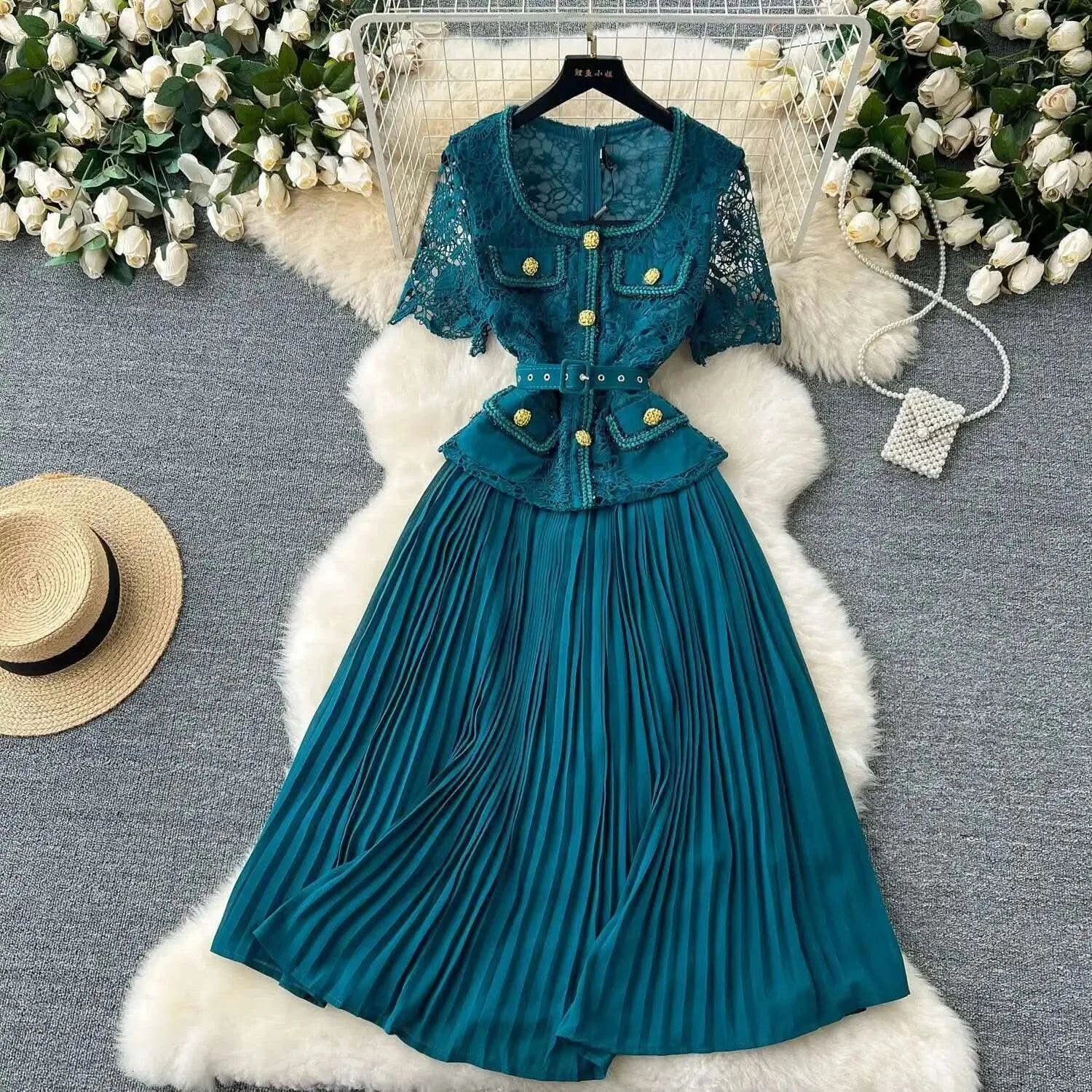 Designer 2025 Summer Pleated Chiffon Lace Long Dress Women Flower Embroidery Gold Button Belt Evening Party Dresses Wedding Robe - M & M Global