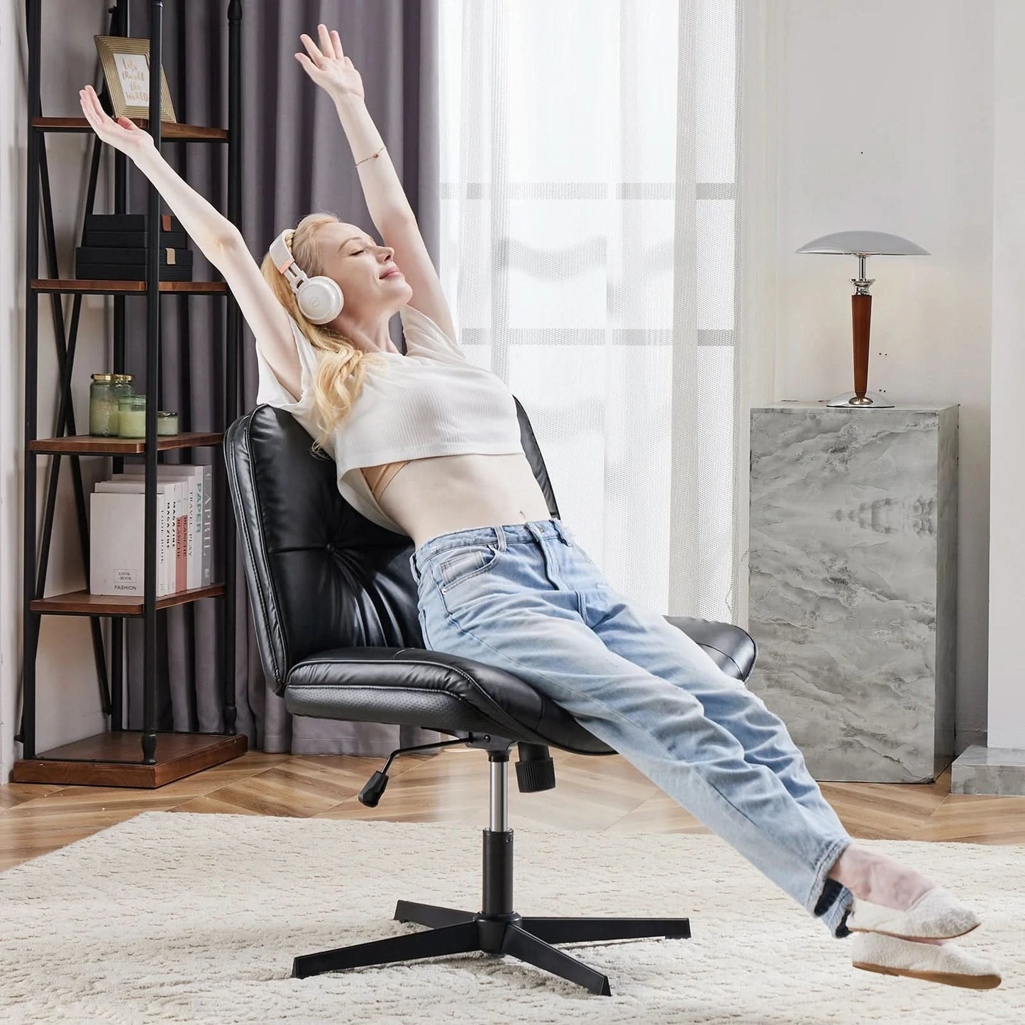 JHK PU Leather Cross Legged Office Chair Armless Desk Chair with Dual-Purpose Base Adjustable Swivel Fabric Task Vanity Home