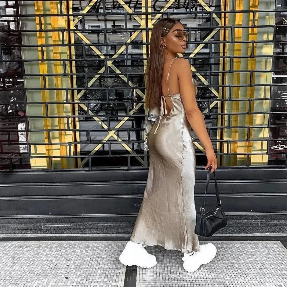 Sibybo Sexy Spaghetti Strap Backless Satin Dress Women Y2K Blue Lace Up Trumpet Long Dress Elegant Bodycon Party Dresses 2022 - M & M Global
