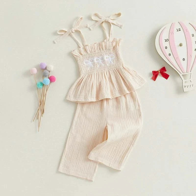 Adorable Toddler Girl Sleeveless Top and Shorts Set with Cute Bow Embroidery Detail - Summer Outfit for Little Princesses - M & M Global