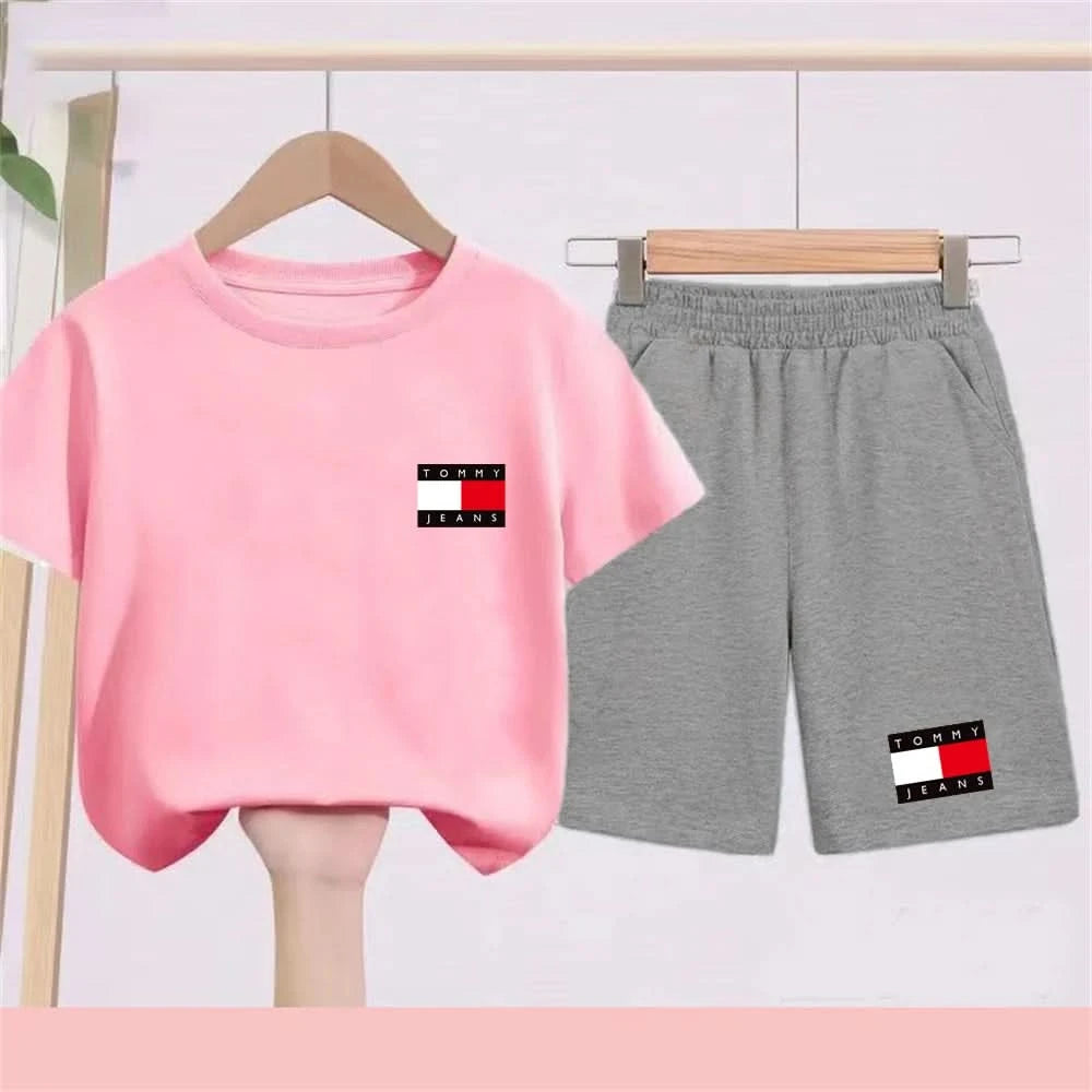 Kids Short sleeve Fashion T-shirt Boys Girls Toddler 3-12Yrs Tops and bottom Sunshine Casual Set outdoor sport black Clothes - M & M Global