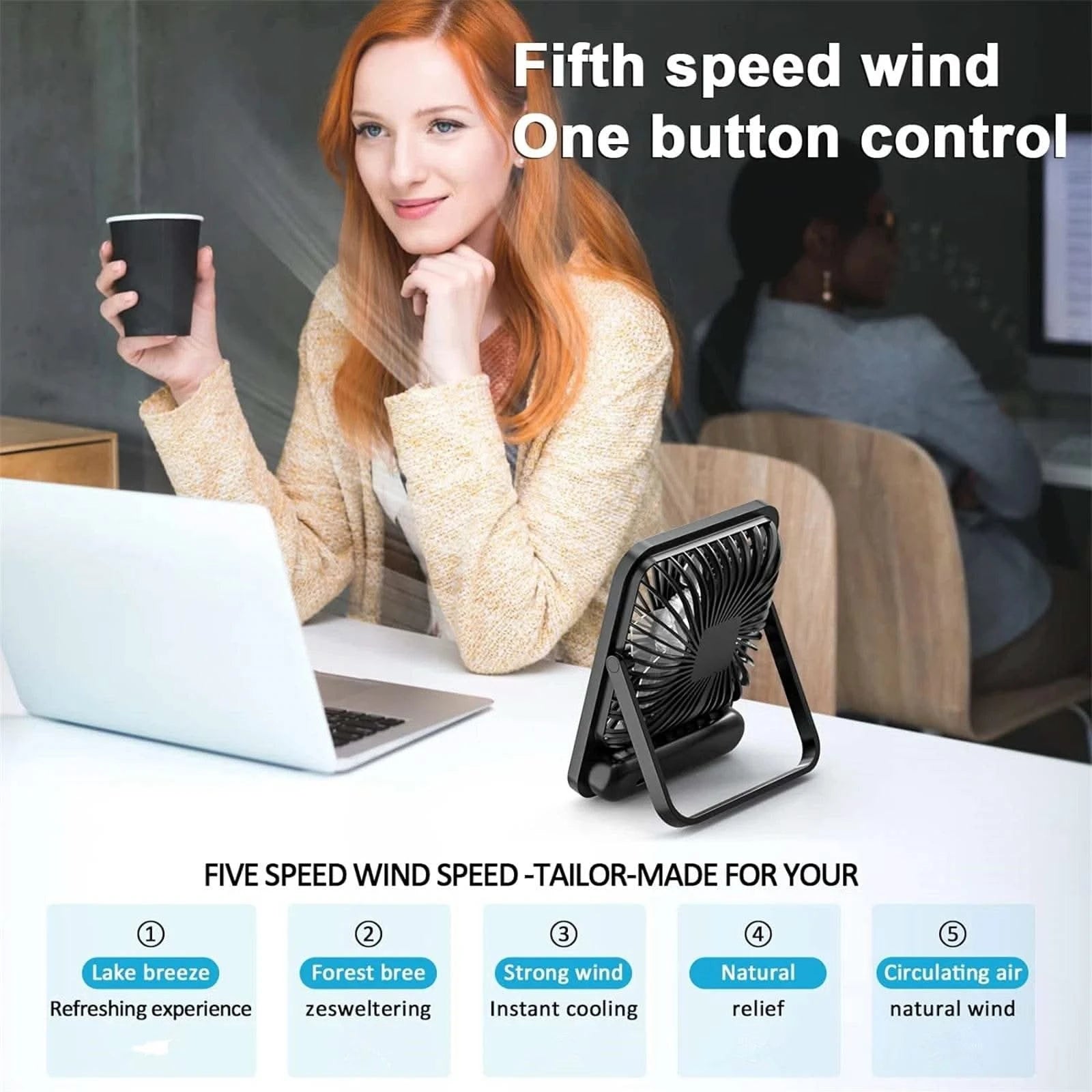 Desk Fan, Portable USB Rechargeable Fan, 180° Tilt Folding Personal Fan With Power Display, 5 Speeds Ultra Quiet Table Fan - M & M Global