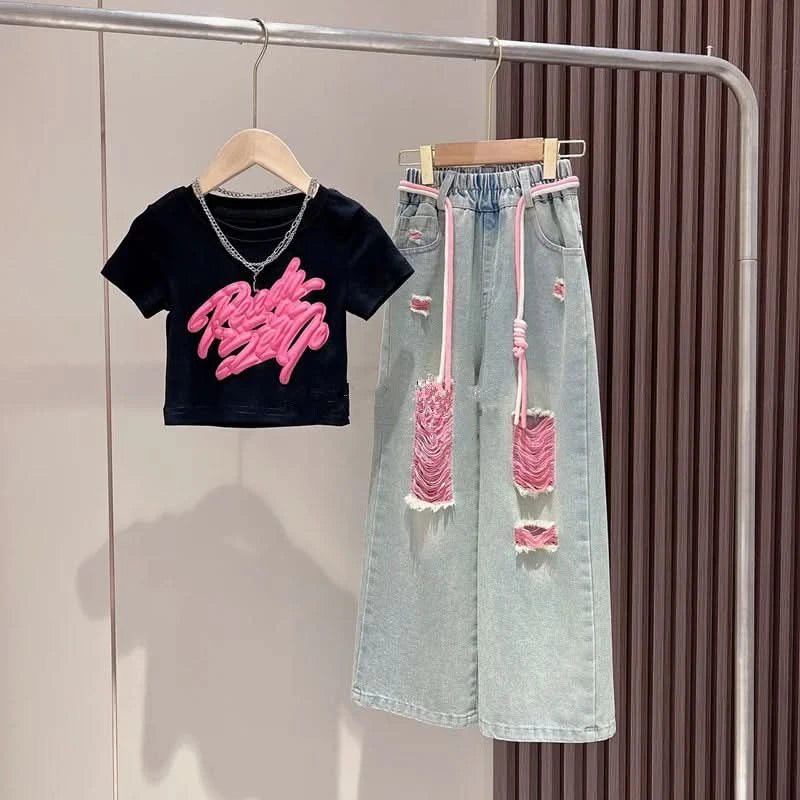 Girls Summer New Short-Sleeved T-Shirt Jeans Big Boy Colorful Denim Ripped Pants Suit Children's Top Foreign Wide-Legged Pants - M & M Global