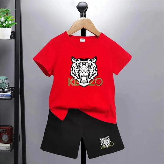 Tiger head Print Brand Kids T-shirt Boys Girls red Toddlers age 3-12 Fashion Clothing Short Sleeve+Shorts Outdoor Sports Set - M & M Global