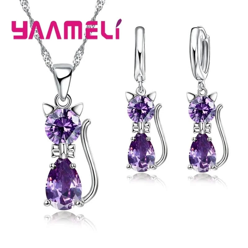Real 925 Sterling Silver Color Jewelry Sets for Woman Girls Shining Austrian Crystal Cute Cat Pendant Necklace Huggie Earring - M & M Global