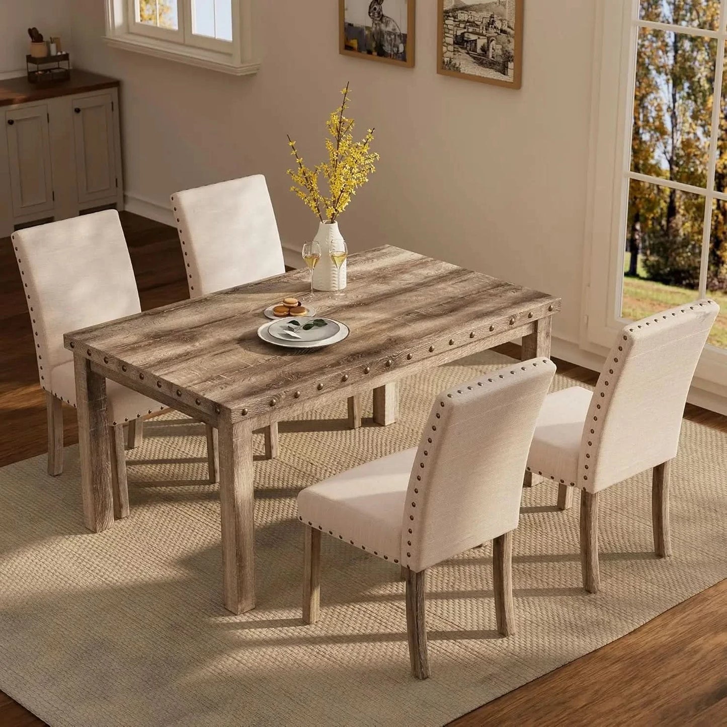 Rustic Dining Table, Farmhouse Kitchen Dining Chairs , Charming 60" Rectangular Wooden Table& Upholstered
