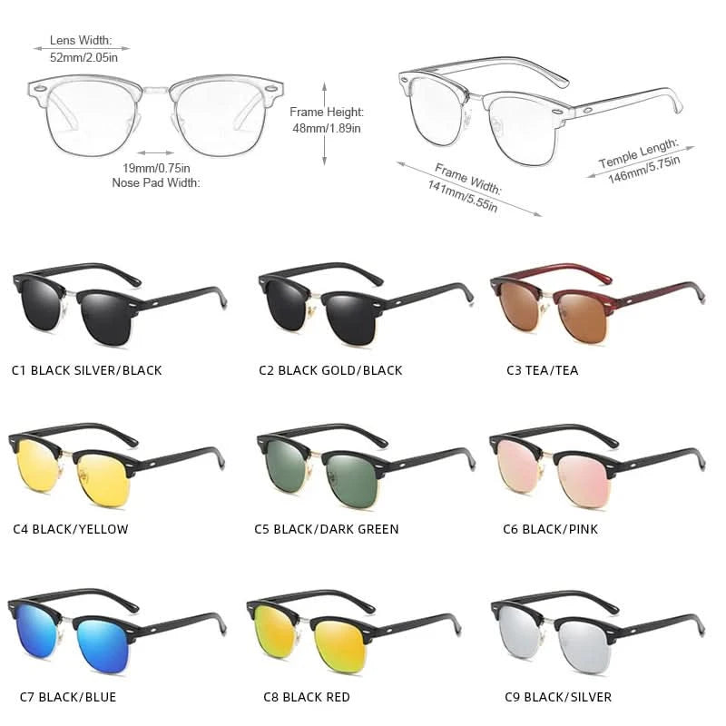 Classic Half Frame Polarized Sunglasses Men Women Retro Rivet Small Sun Glasses Male Popular Black Anti Glare Travelling Shades - M & M Global