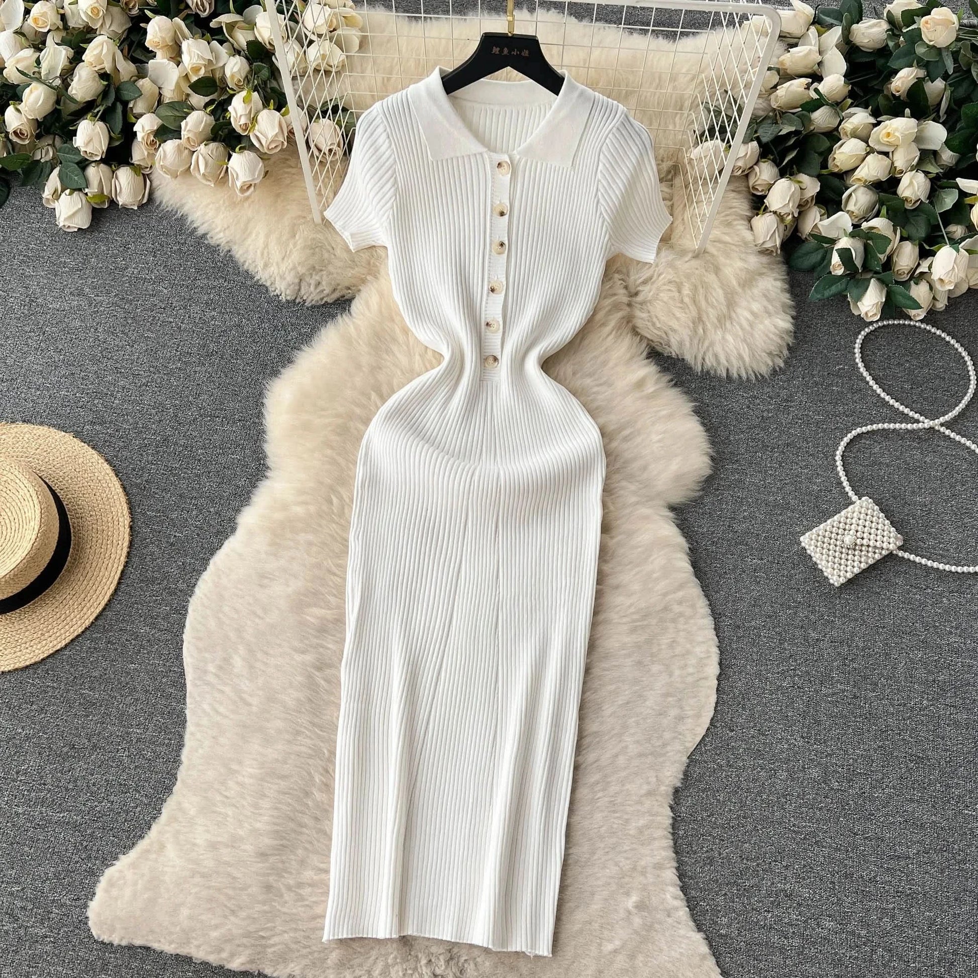 Summer Elastic Women Solid Knit Dress Summer Rose Red Retro Loose Sundress Sets 2024 bodycon Streetwear Sheer Beach Long Dress - M & M Global