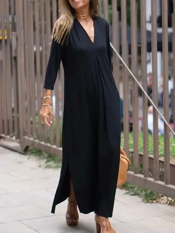 2025 Spring Women Long Dress Black V-neck Long Sleeve Loose Dresses Female Spring New Casual Fashion Loose Clothing Ladies - M & M Global