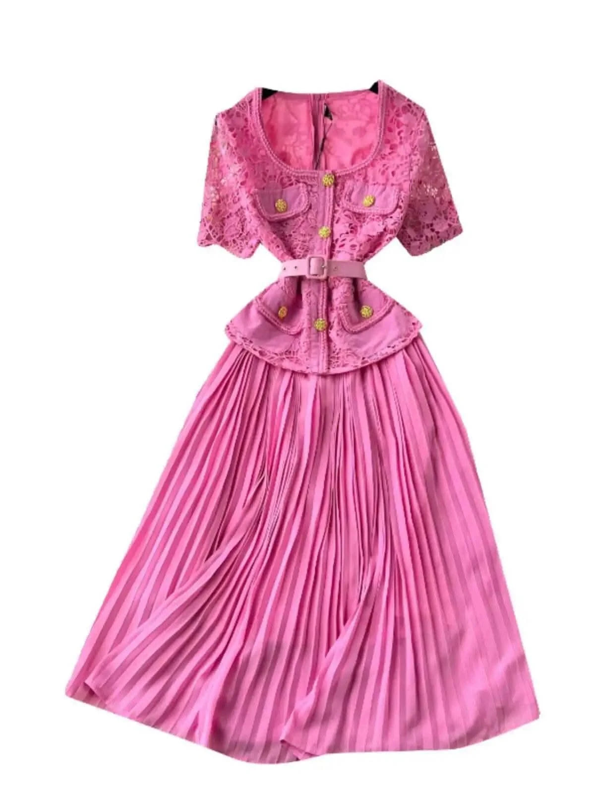 Designer 2025 Summer Pleated Chiffon Lace Long Dress Women Flower Embroidery Gold Button Belt Evening Party Dresses Wedding Robe - M & M Global