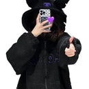 Thickened Loose Hooded Sweatshirt in Black with Embroidery Lambskin Imitation for Autumn And Winter Trendy Streetwear for Girls