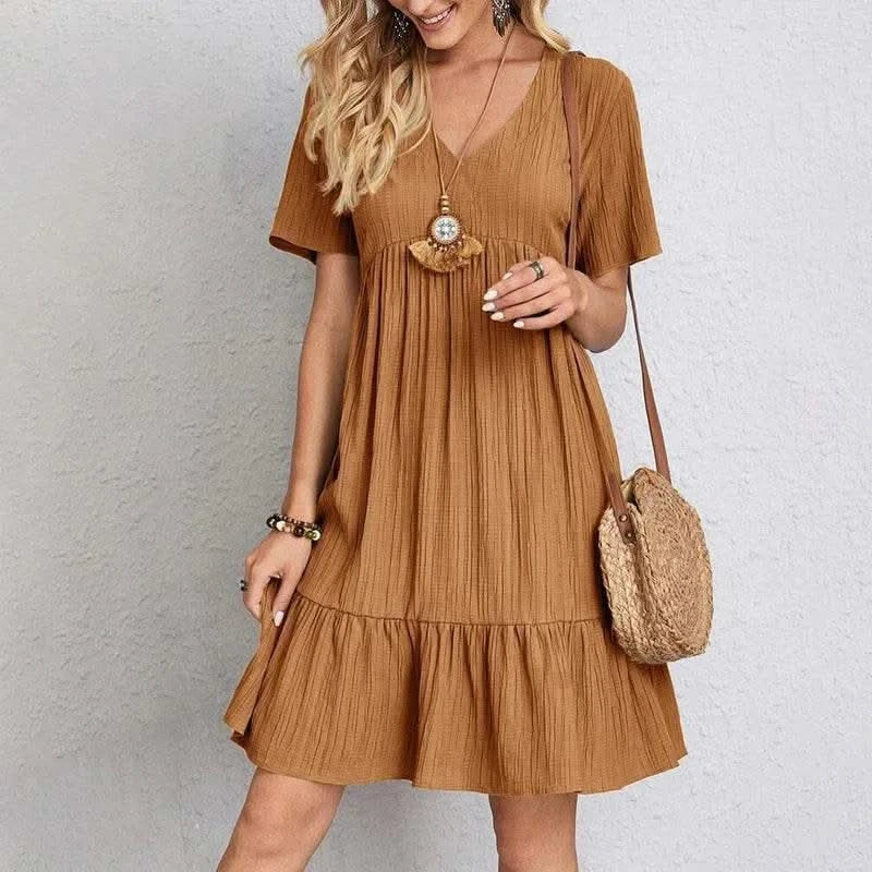 2025 Loose V-neck Short Sleeved Pleated Women Dress Solid Color A-line Beach Dresses Elegant Simple Comfortable Woman Clothing - M & M Global