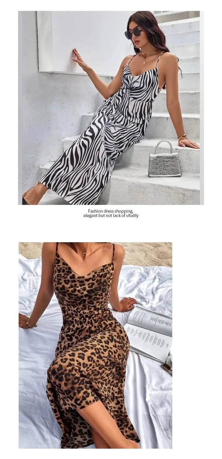 Women Sundress Summer Women Leopard Print Sexy Halter Beach Long Dress Backless Elegant Dresses Casual Resort Style Clothes - M & M Global