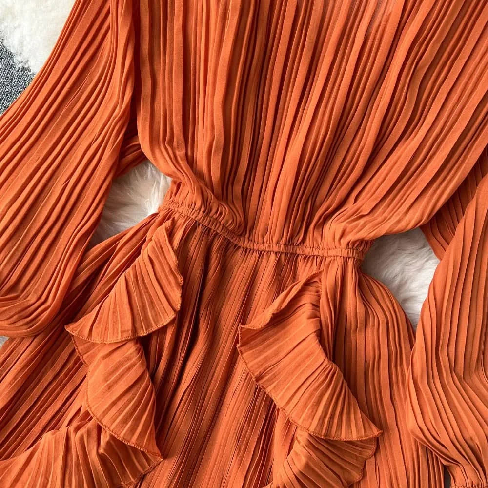 Purple/Brown/Red Chiffon Pleated Long Dress Women Vintage V-Neck Flare Sleeve Draped Ruffle Vestido Female Maxi Robe Spring Fall - M & M Global