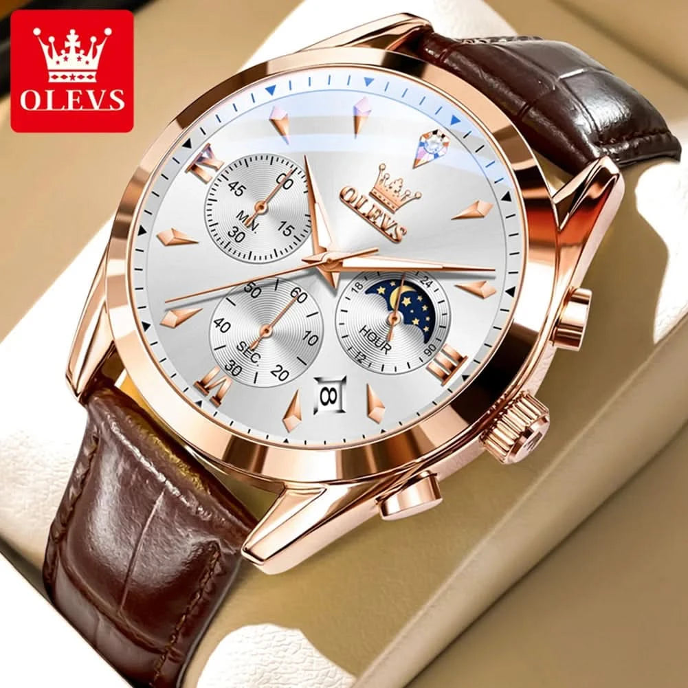 OLEVS Original Watch Leather Strap Moon Phase Luminous Quartz Watches for Man Waterproof Calendar Business Trend Wristwatch - M & M Global