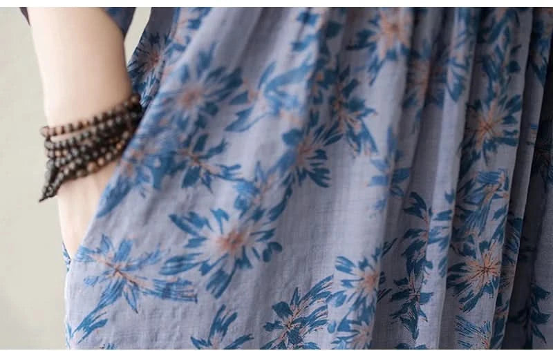Oversized Summer Long Dress Women Floral Print Fashion Short Sleeve Ladies Dresses Casual Loose Ruffle Pleated Woman New Dress - M & M Global