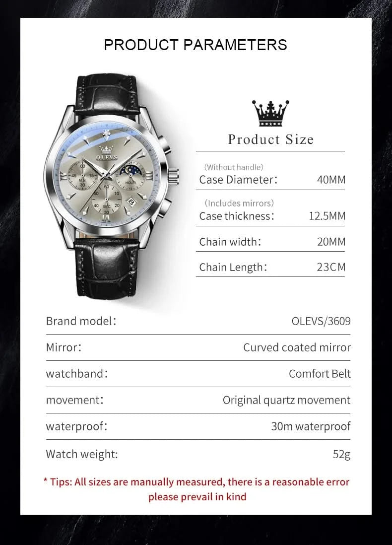 OLEVS Original Watch Leather Strap Moon Phase Luminous Quartz Watches for Man Waterproof Calendar Business Trend Wristwatch - M & M Global