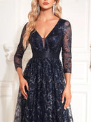 New Elegant Blue V-Neck Floral Evening Dress Long 2025 Luxury Women Long Sleeve Wedding Party Cocktail Dress Prom