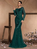 Elegant Long Sleeves Sequin Tulle Evening Dresses 2025 Women Luxury Mermaid Formal Bridesmaid Party Maxi Prom Dress
