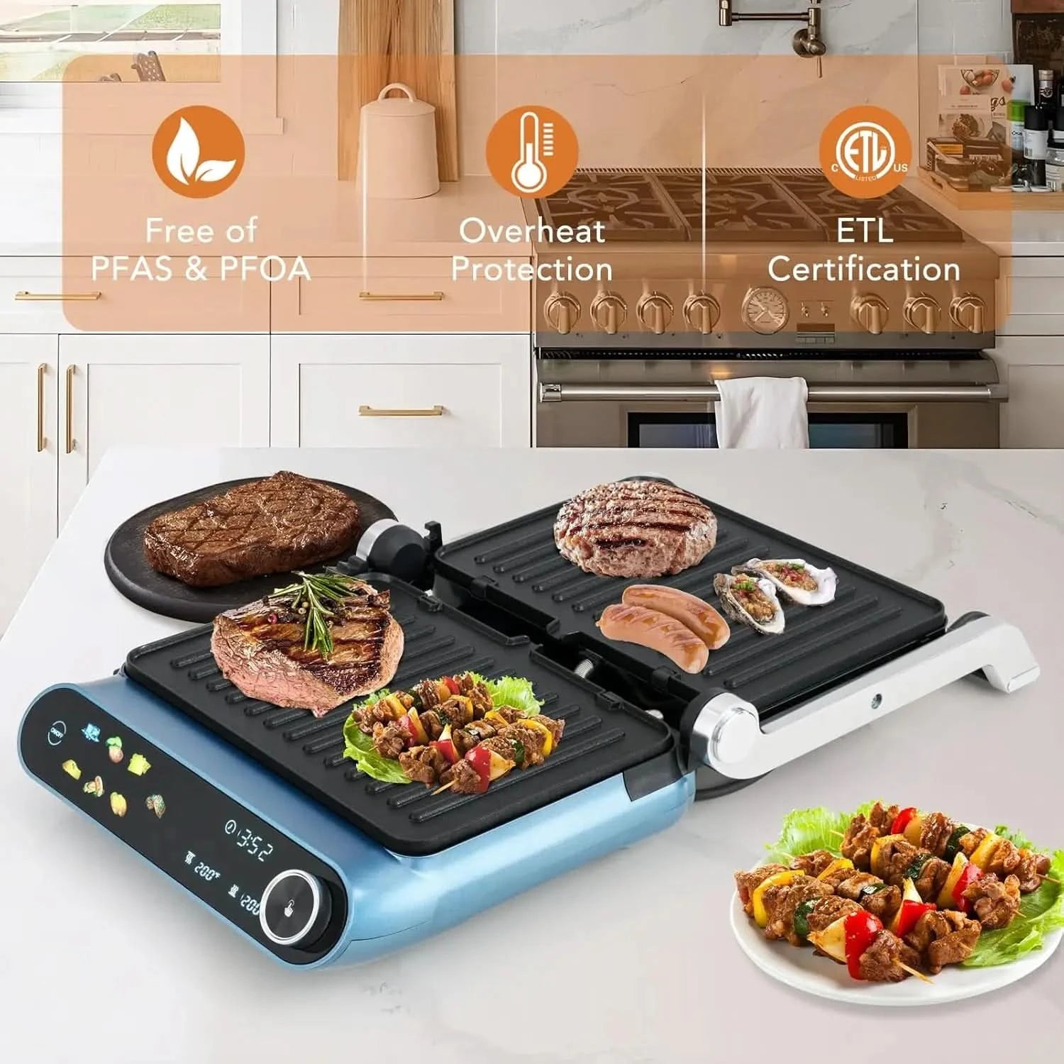 Panini Press Sandwich Maker, Electric Indoor Grill with 2 Removable & Dishwasher Safe Non-Stick Plates, Drip Tray, LED Display, - M & M Global