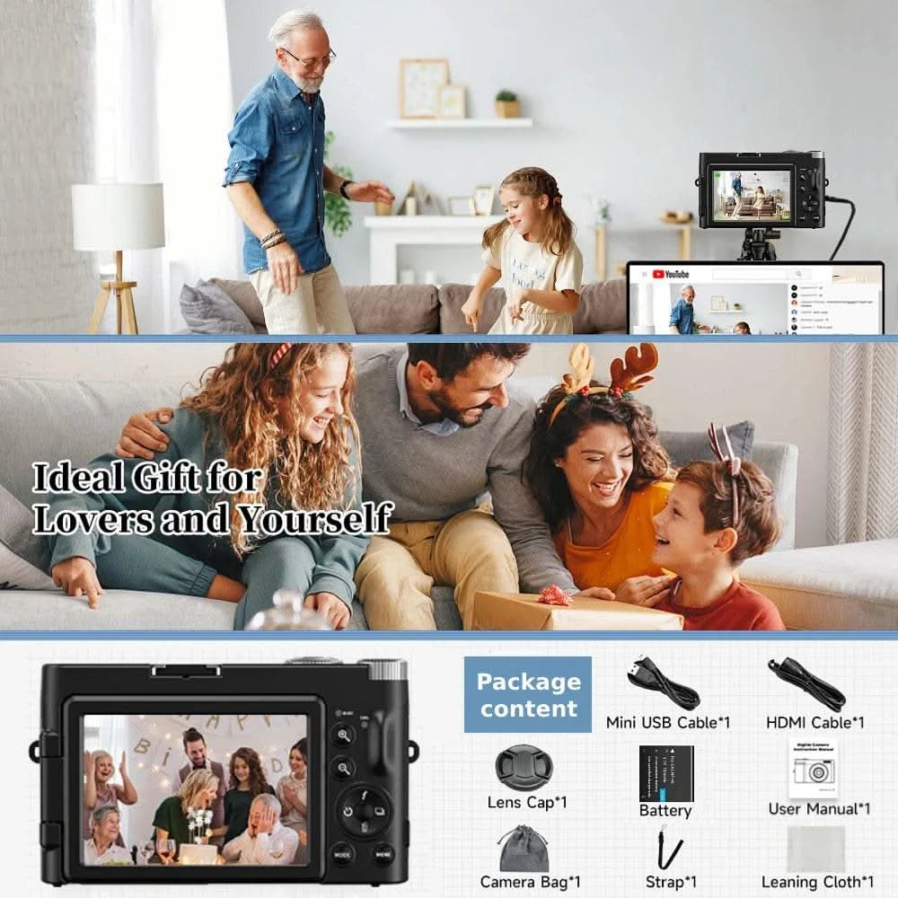 4K Digital Camera for Photography and Video Autofocus Anti-Shake 48MP Compact Vlogging Camera 3'' 180° Flip Screen with Flash - M & M Global
