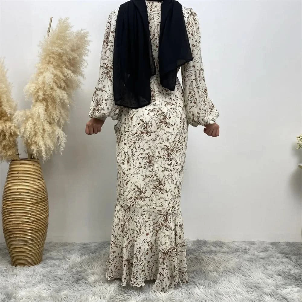 Muslim Women's dress Casual print bark crepe long dress Zipper collar long sleeves loose Muslim maxi dress - M & M Global
