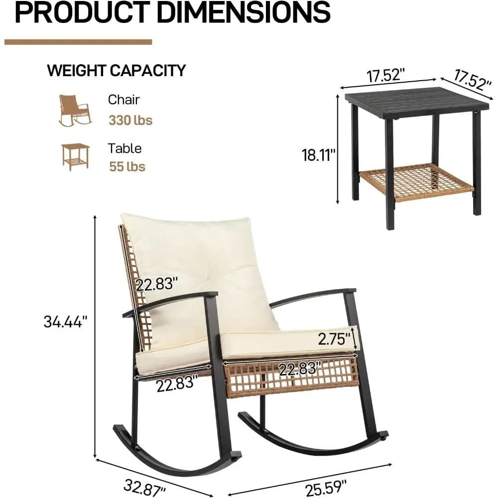 3-Piece Outdoor Rocking Bistro Set, Patio Furniture Set w/Soft Thick Cushions & 2-Tier Coffee Table, Rattan Conversation