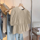 ZANZEA Women Summer Tops Short Sleeve Blouse 2025 Casual Solid Color Tunic Female Ruffled Round Neck Pleated Blusas Oversized