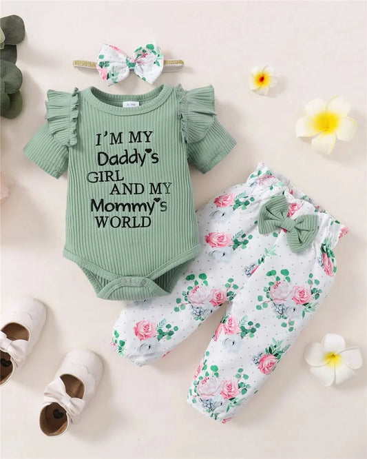 Newborn Baby Girl 3PCS Clothes Set Letters Short Sleeve Romper+Flowers Pant+Bowknot Headband Summer Lovely Outfit - M & M Global