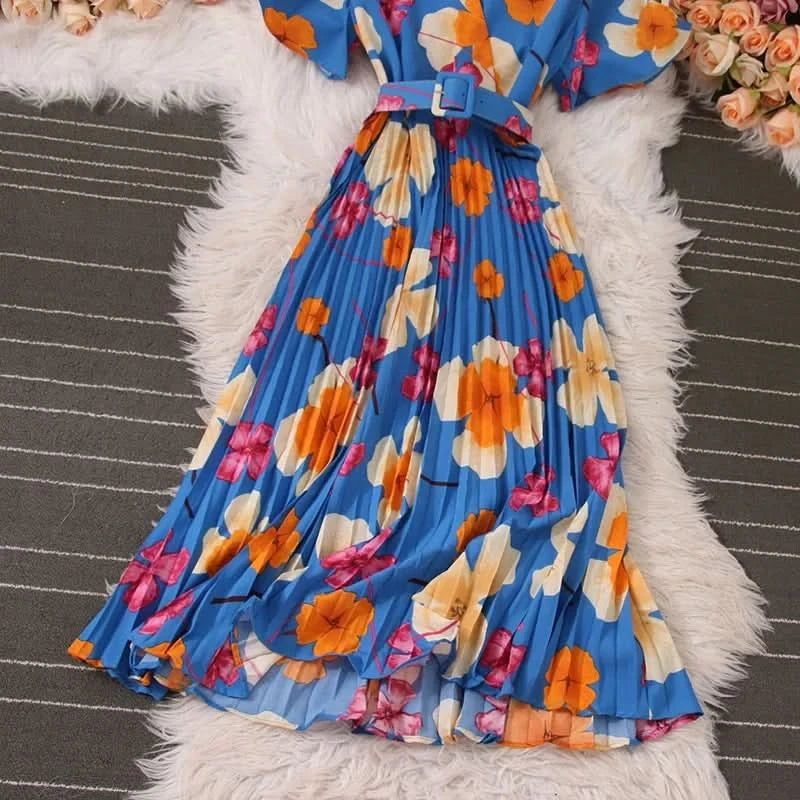 Women Dress Fashion Vintage Ins Bandage Slim Waist A-line Long Dress Vacation Beach Summer Outfits Lady Robe Femme - M & M Global