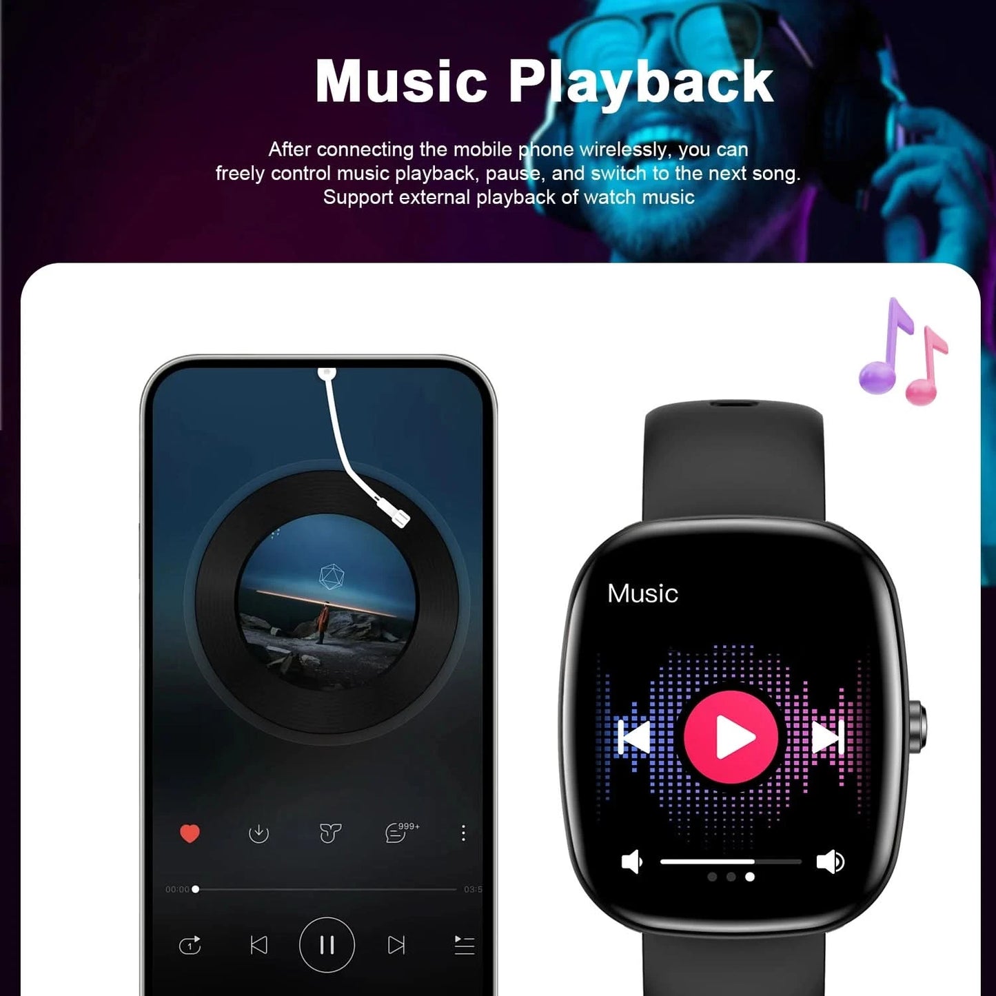 Smart watch, custom wallpaper, call reminder/rejection, multiple sports modes, music playback, unisex, suitable for iOS/Android