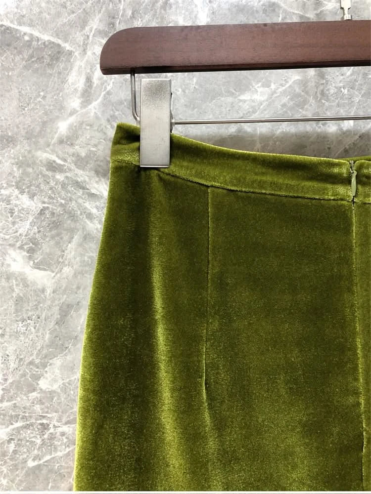 Retro Green Velvet Split Skirt Women Sequin Floral Heavy Industry High Waist A Line Long Dress Elegant Mid Length Skirt Fashion - M & M Global