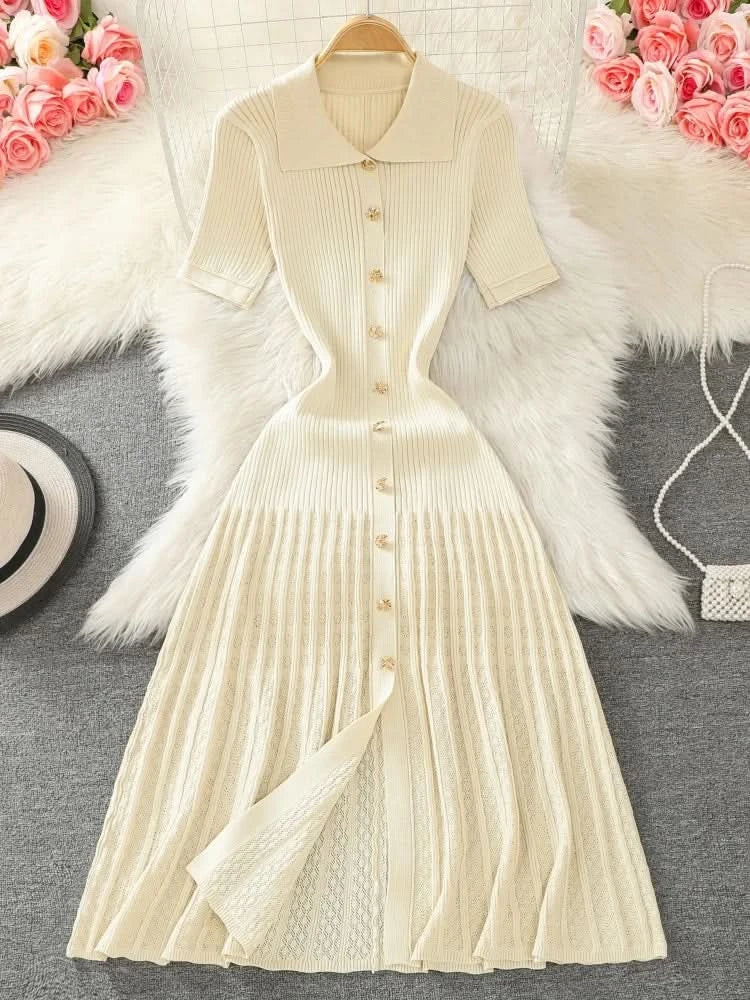 Summer 2024 New Women's Black Beige Single Breasted Knitted Long Dress Green Elegant Office Lady Short Sleeve Pleated Dress Chic - M & M Global
