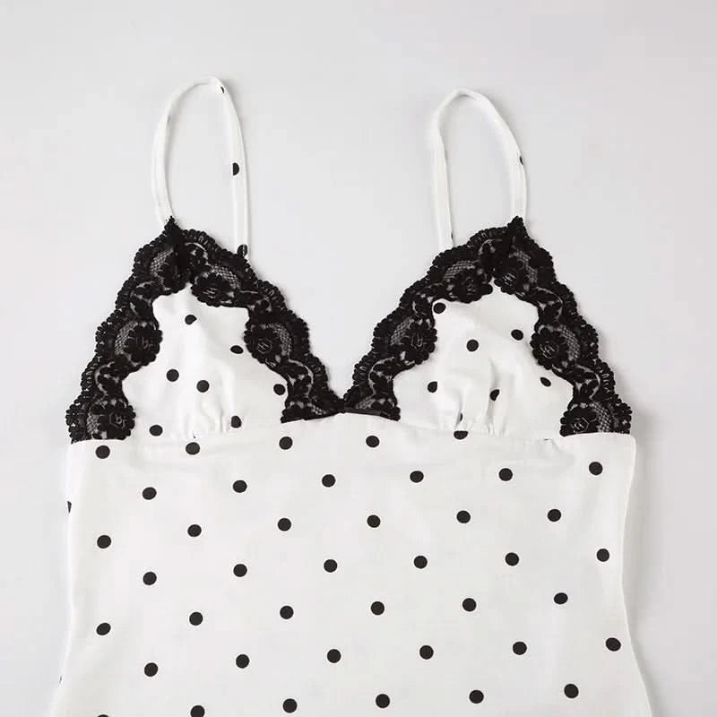 Tuularose Lace Spaghetti Strap Long Dress Women's Elegant Retro V-Neck Polka Dot Sleeveless Dress Summer Patchwork Party Dress - M & M Global