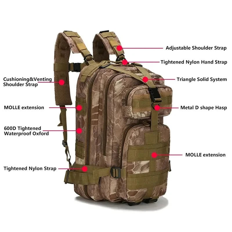 Men's Classic Tactical Backpack Travel Sports Camouflage Bag Outdoor Climbing Hunting Backpack Fishing Hiking Nylon 3P Pack Bag - M & M Global