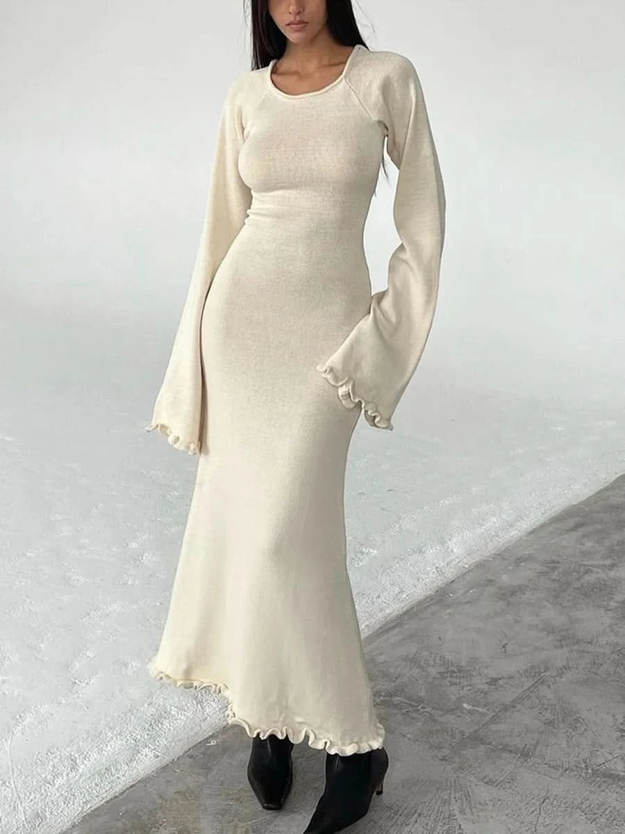 Women Ribbed Knit Ruffle Trim Long Dress Long Sleeve Bodycon  Party Cocktail Dress Flare Summer Beach Cover Up - M & M Global