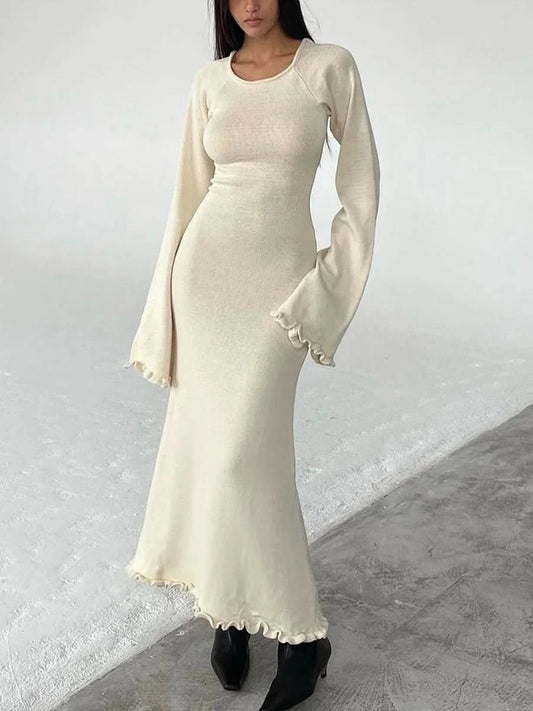 Women Ribbed Knit Ruffle Trim Long Dress Long Sleeve Bodycon  Party Cocktail Dress Flare Summer Beach Cover Up - M & M Global