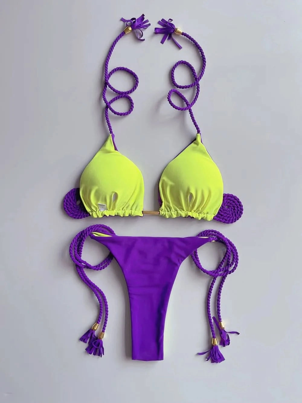 Sexy Solid color Two-piece Triangle Swimwear Women's Swimsuit Braiding rope Bikinis Set Beach Bathing Suit Brazilian Biquinis - M & M Global
