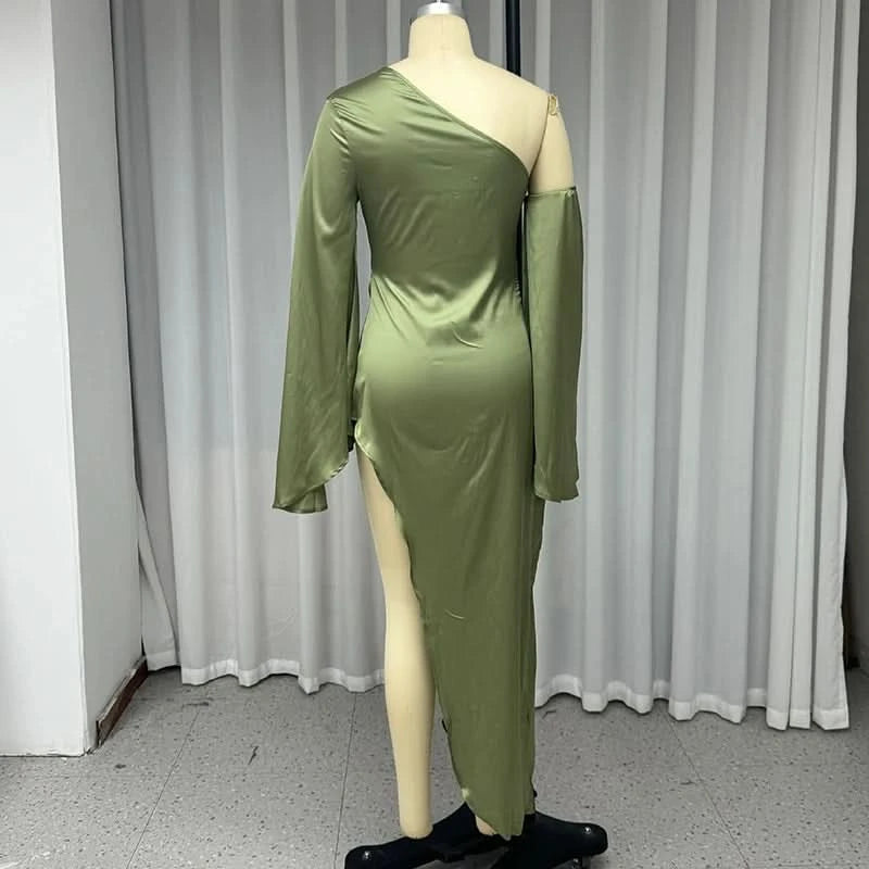 Ellafads Women Long Dress Autumn Fashion Solid Long Sleeve One Shoulder Off Shoulder Irregular Slit Satin Midi Dress Streetwear - M & M Global