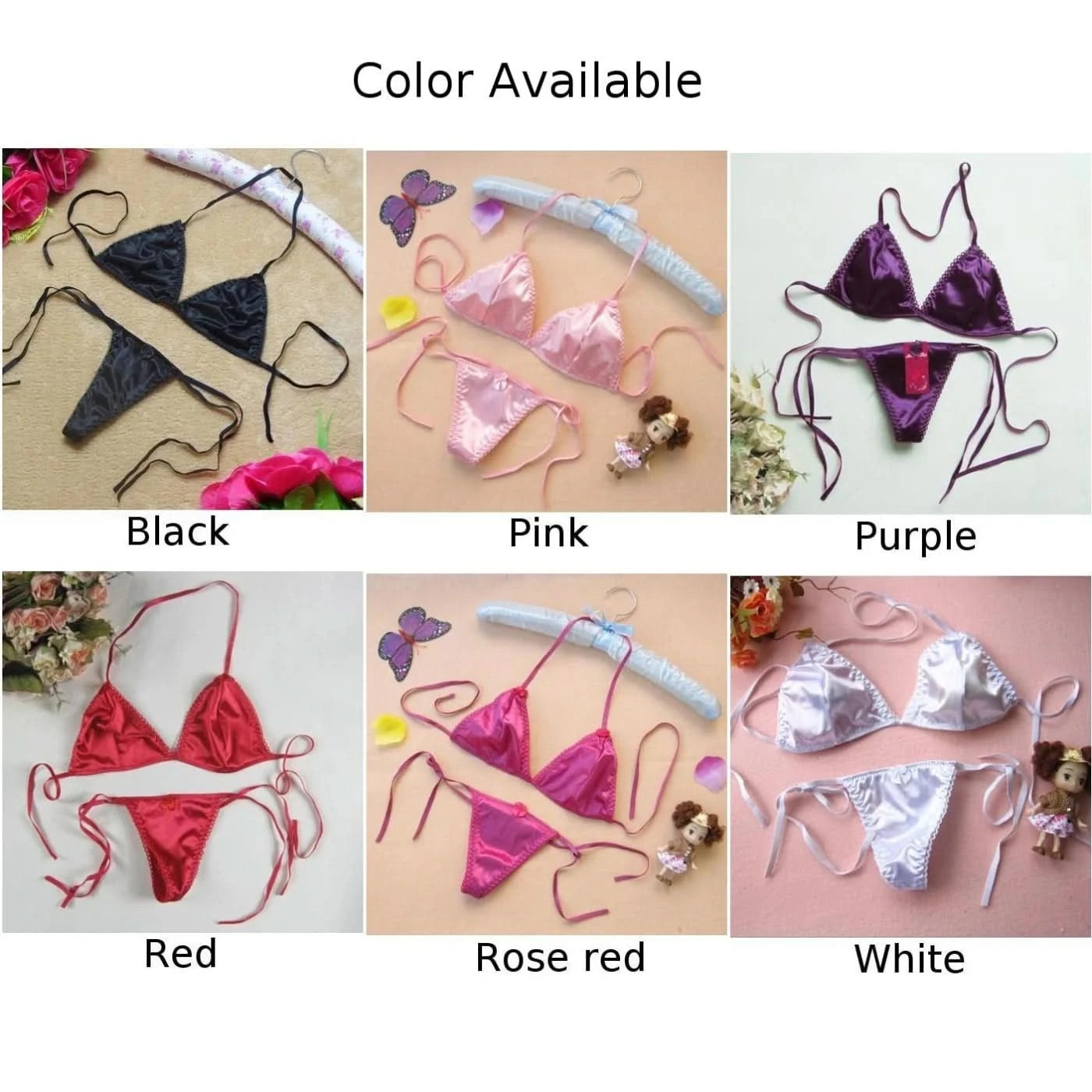 Sexy Lingerie Set Womens Satin Silk Thong Underwear Bra Panties T-back Lace Up Top Briefs Bikini Beach Swimming Bathing Suit - M & M Global