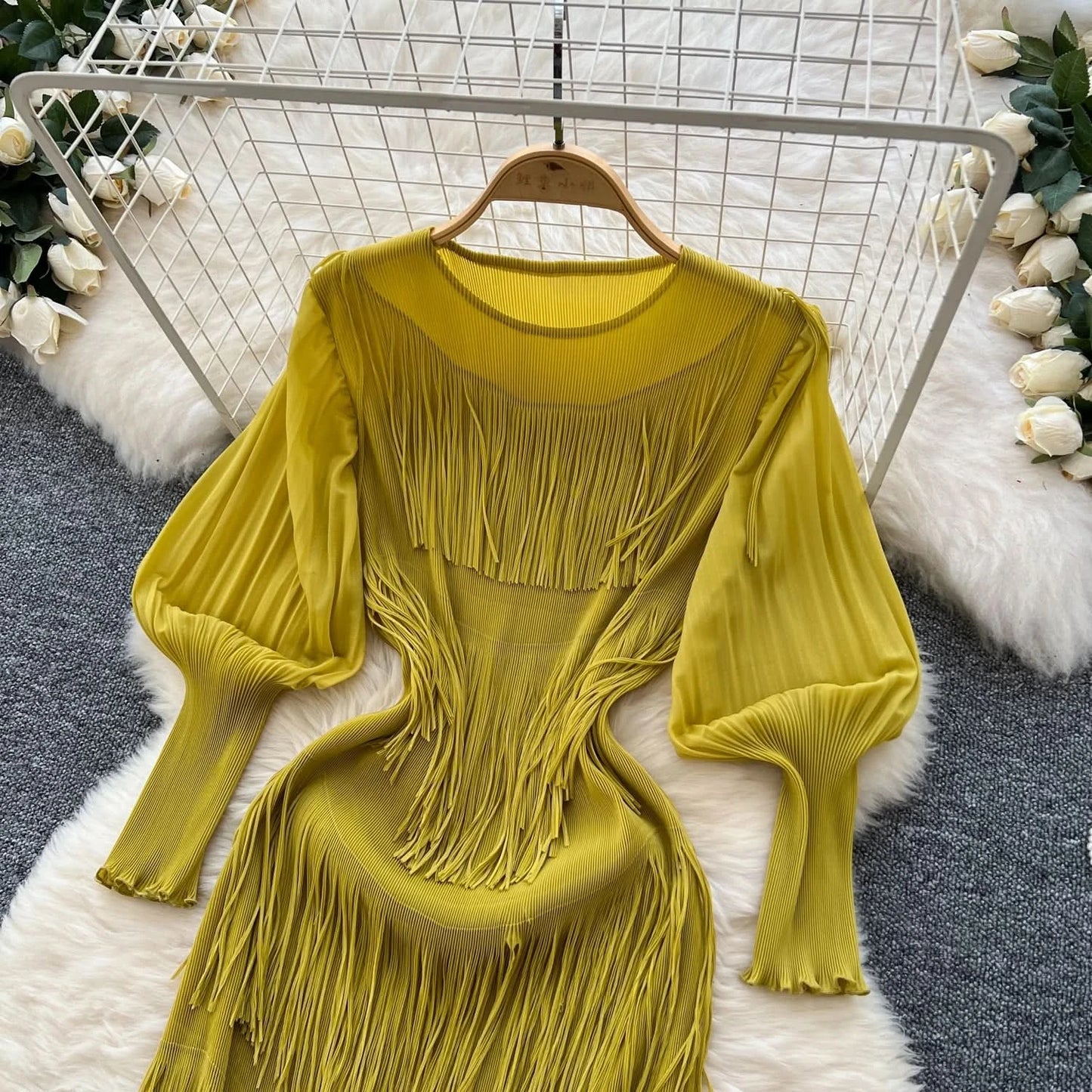 Vintage O-Neck Elegant Long Lantern Sleeve Chic Tassel Slim Long Dress French Fashion Evening High Street Autumn Winter Clothing - M & M Global