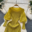 Vintage O-Neck Elegant Long Lantern Sleeve Chic Tassel Slim Long Dress French Fashion Evening High Street Autumn Winter Clothing - M & M Global