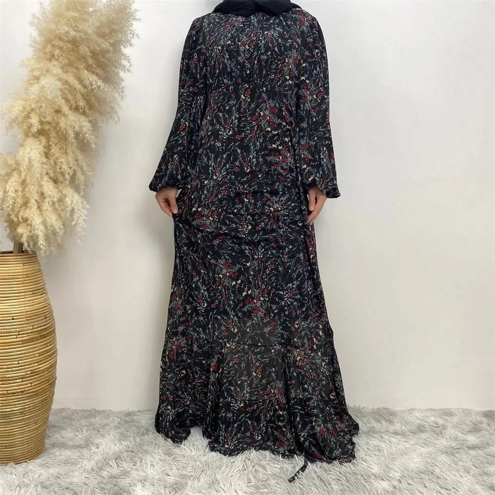 Muslim Women's dress Casual print bark crepe long dress Zipper collar long sleeves loose Muslim maxi dress - M & M Global