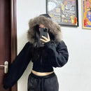 New American Style Hooded Sweatshirt Jacket Zipper Spring Autumn Short Design Top Short Outerwear Fur Collar Commuter Style
