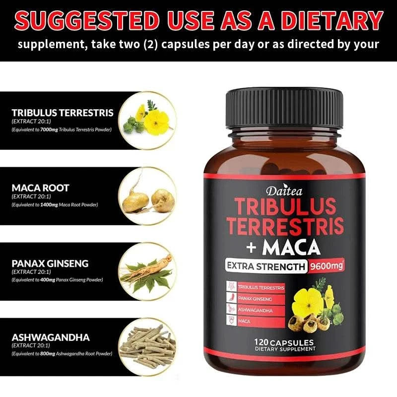 Daitea Tribulus + Maca Extract Capsules - Extra Strength 9600 Mg - Energy, Mood, Stamina and Immunity, Non-GMO - M & M Global