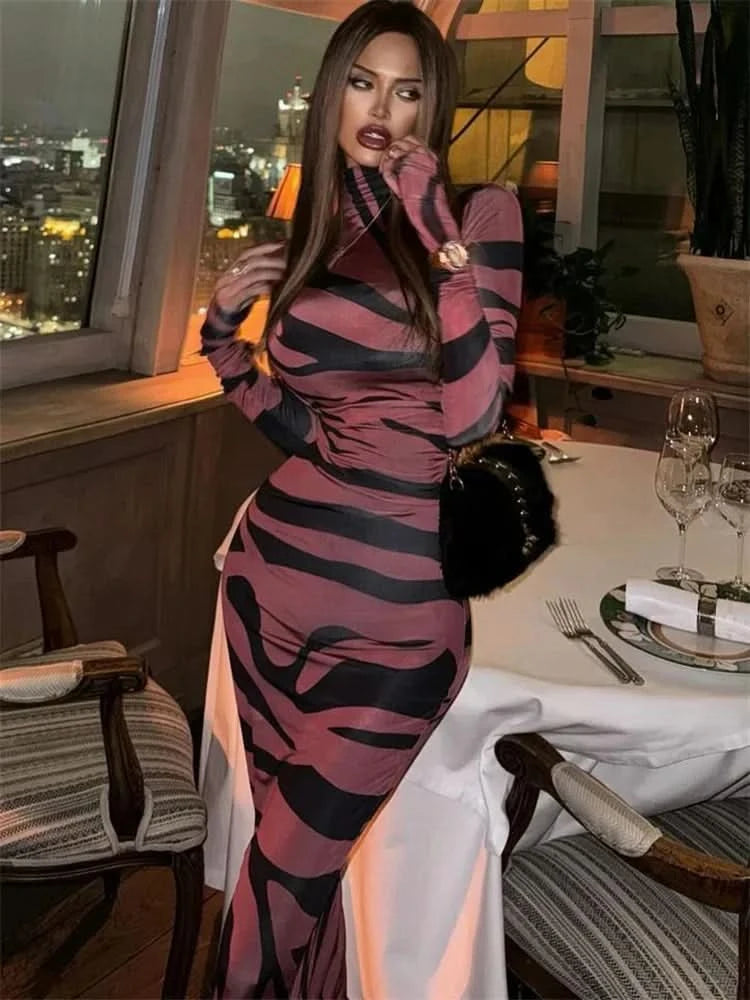 Print Leopard Print Slim Long Dress Women's Fashion Long Sleeve Sexy Party Dress Summer Street Leopard Print Long Dress 2024 New - M & M Global