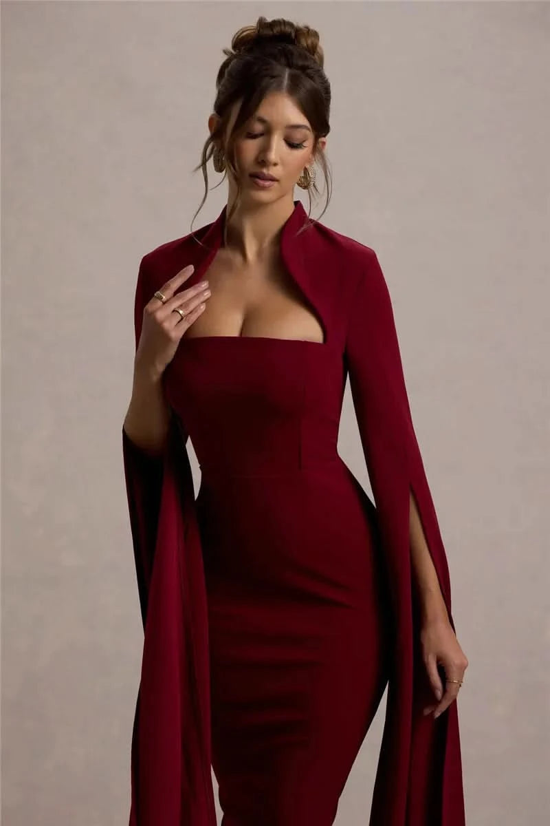 Mozision Cape Long Sleeve Sexy Midi Dress For Women Autumn Winter New Square Collar Back Slit Bodycon Club Party Long Dress - M & M Global